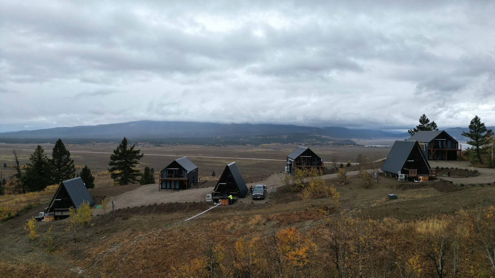 Aerial view of the completed multi-unit cabin site in Island Park, ID.