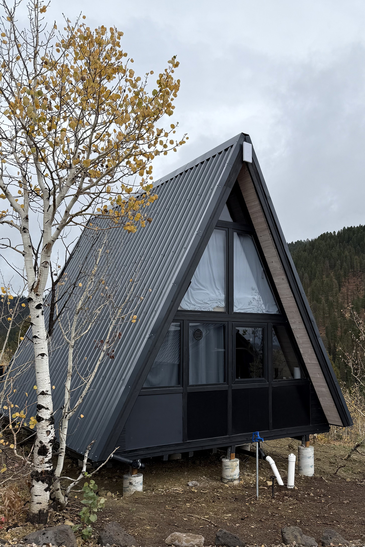 Side-front exterior of a completed Stella 53 A-frame cabin beside an aspen tree in Island Park, Idaho.