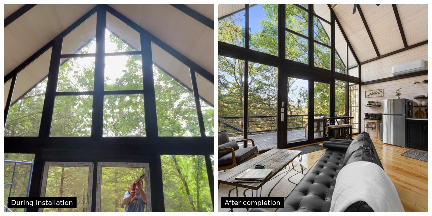 Collage showing the Aries 96 modern A-frame cabin glass package during installation and after completion, with the large front windows framing the wooded Arkansas view.