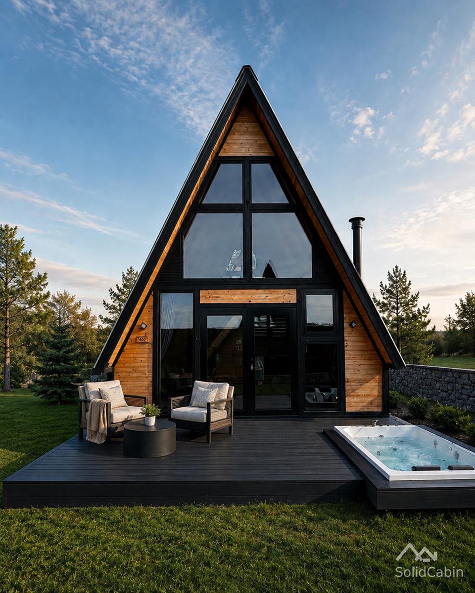 Completed Stella 70 project with a glazed front, terrace seating and an outdoor tub. Project-specific finishes and amenities.