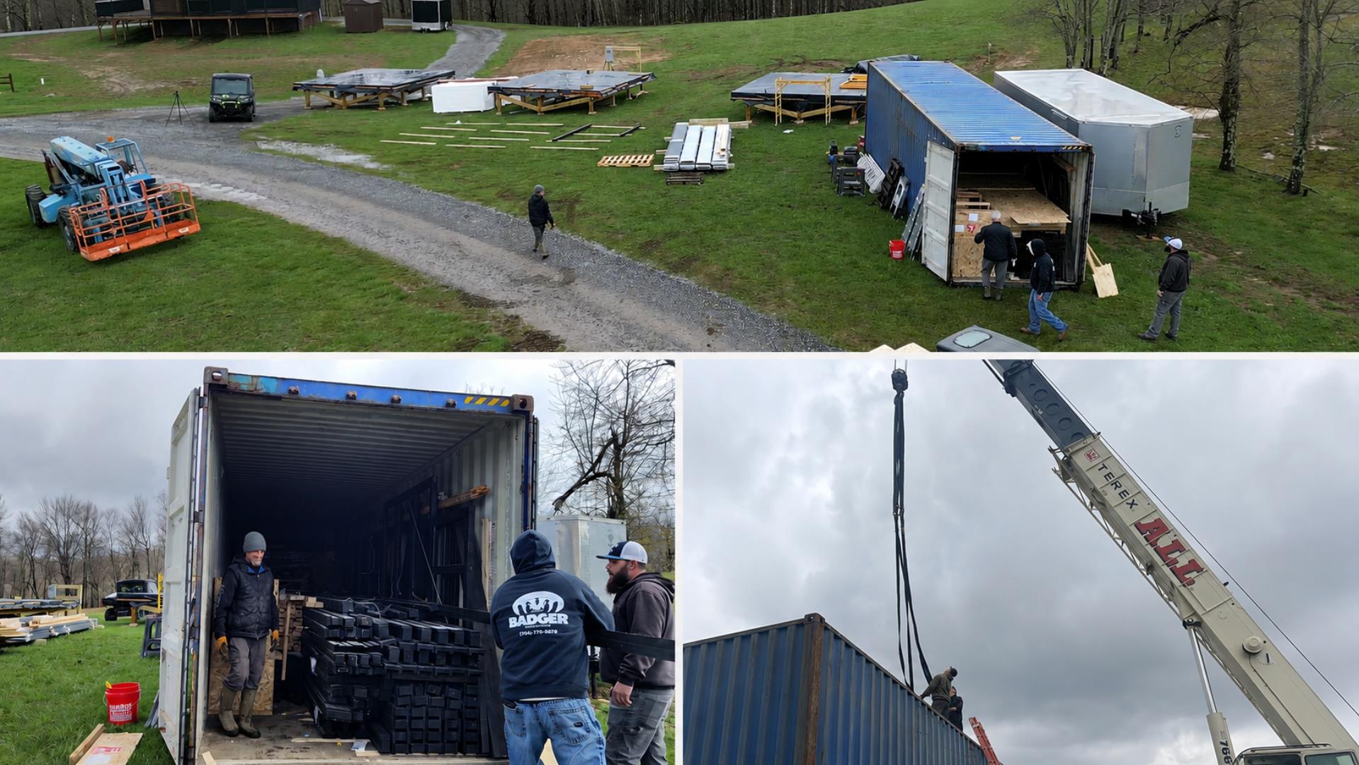 SOC container delivery for three Stella 70 prefab cabin kits in Rock, West Virginia