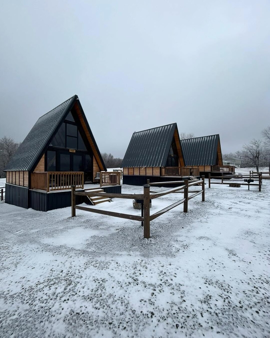 Stella 70 A-frame cabin kits in winter at West Virginia Rock
