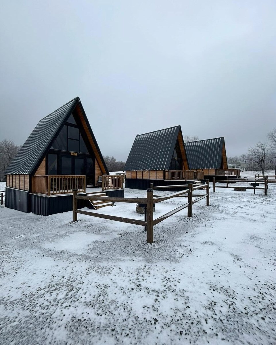 Three completed Stella 70 cabins at WV ATV Resort in winter. Earlier configuration.