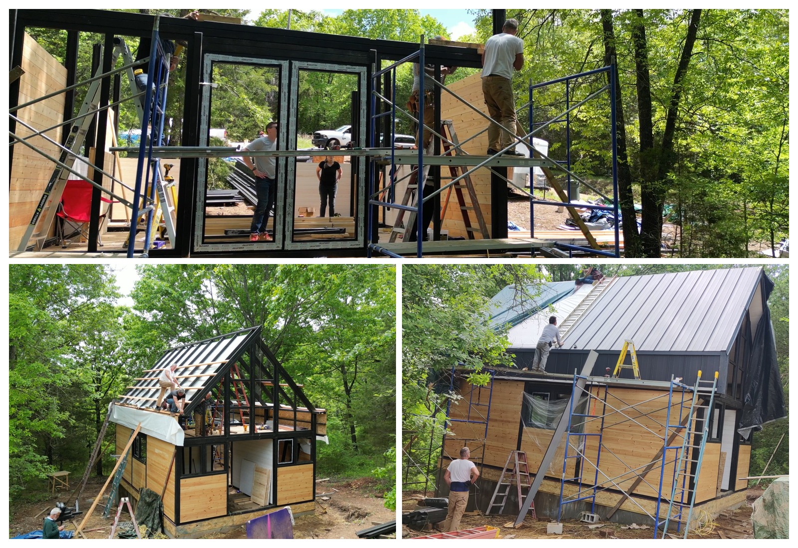 Workers assembling the Aries 96 modern A-frame cabin at height using scaffolding and roof access on the Arkansas Ozarks build site.