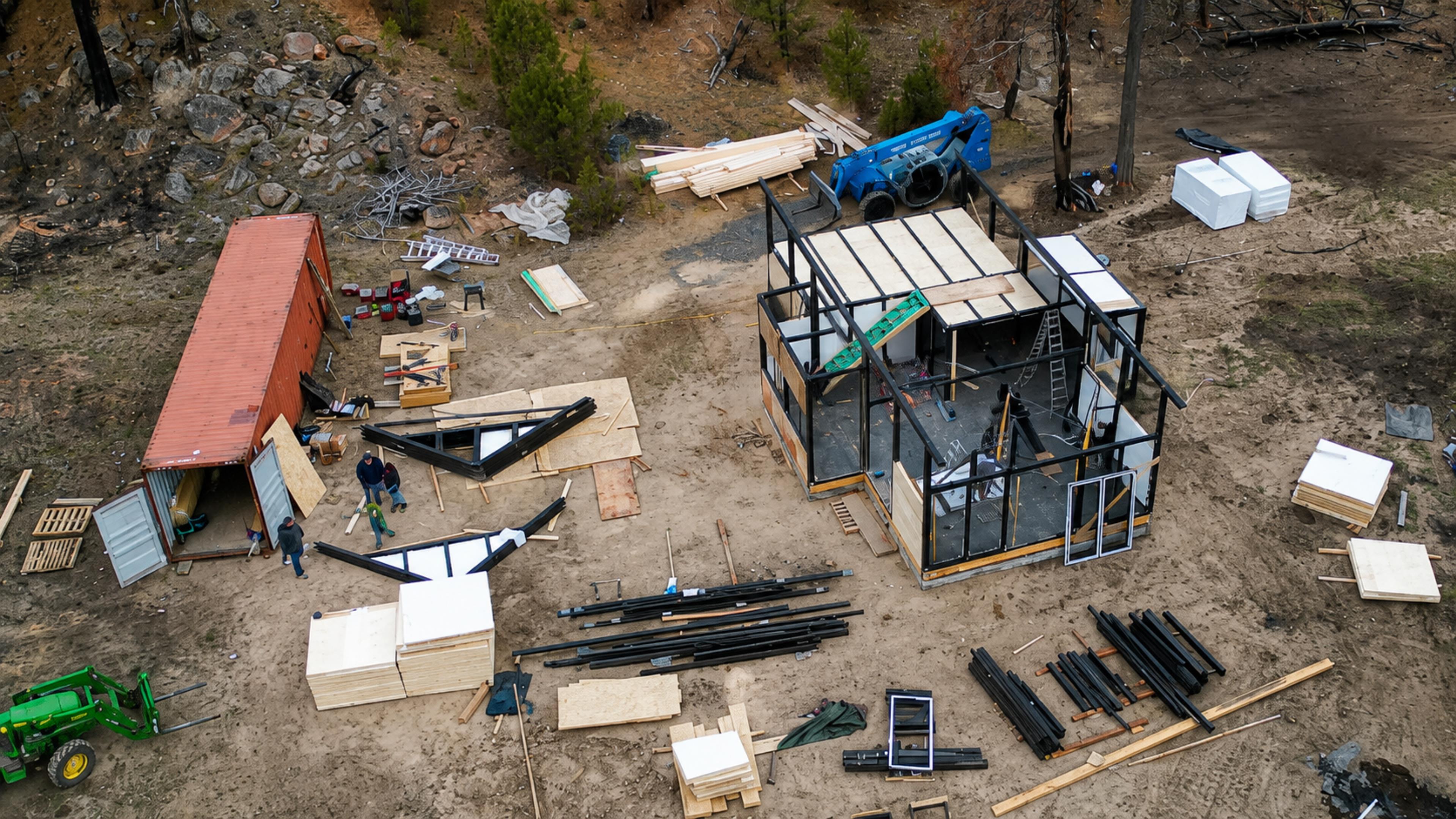 Imported SolidCabin cabin kit being assembled at a project site in Burns, Oregon