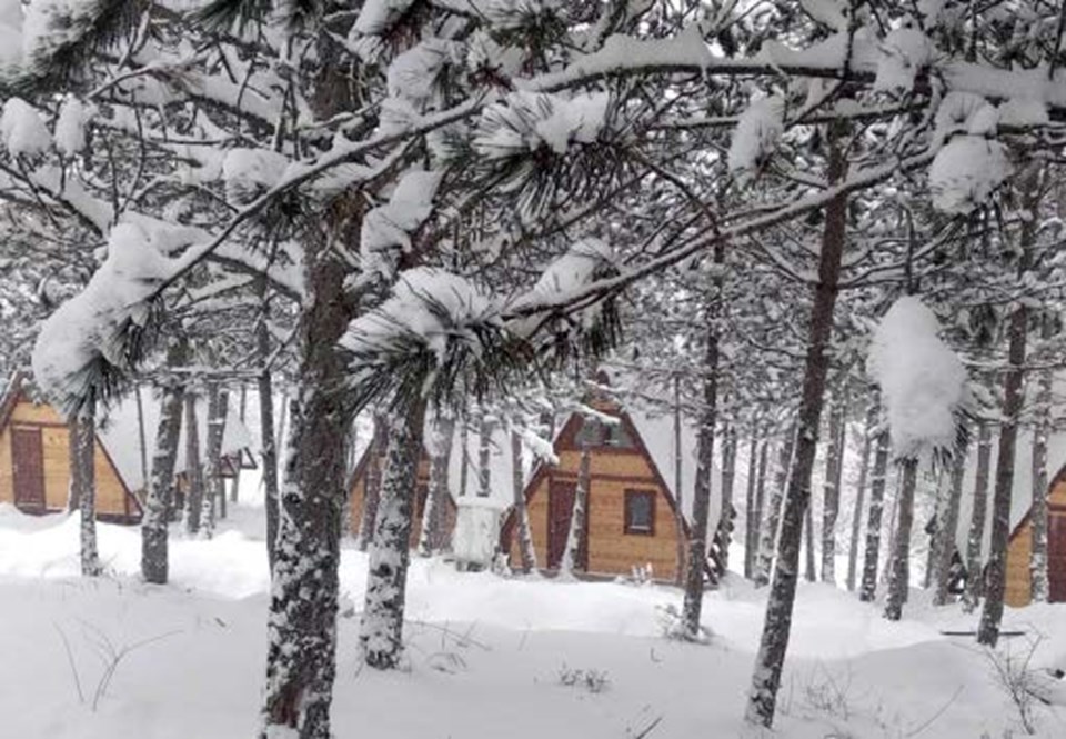 The Bolu cabins in a winter setting.