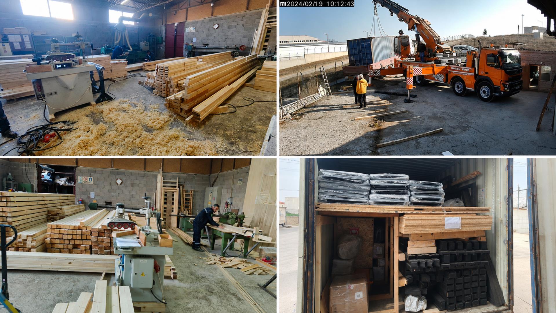 Factory production and container loading for three Stella 70 A-frame cabin kits shipped to West Virginia