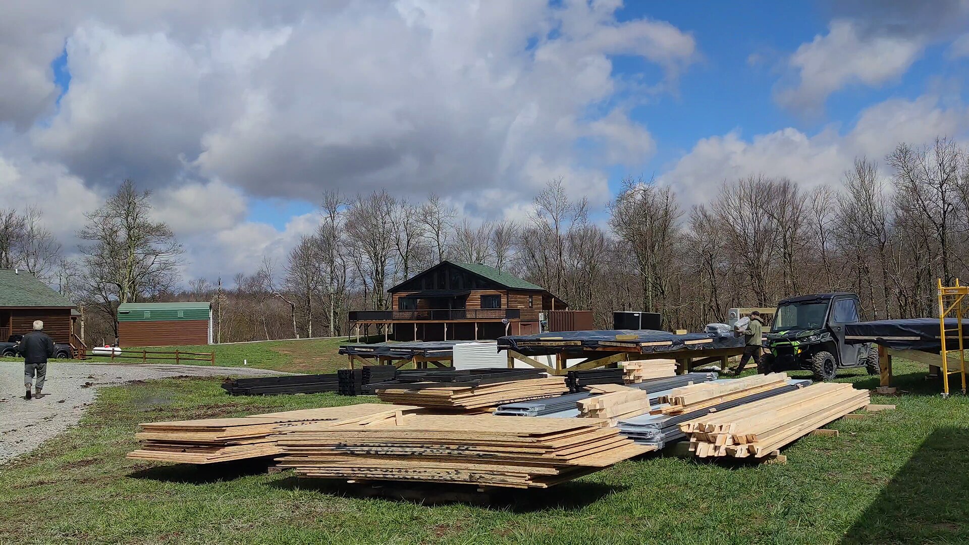 Prefabricated Stella 70 timber components organized at WV ATV Resort in West Virginia