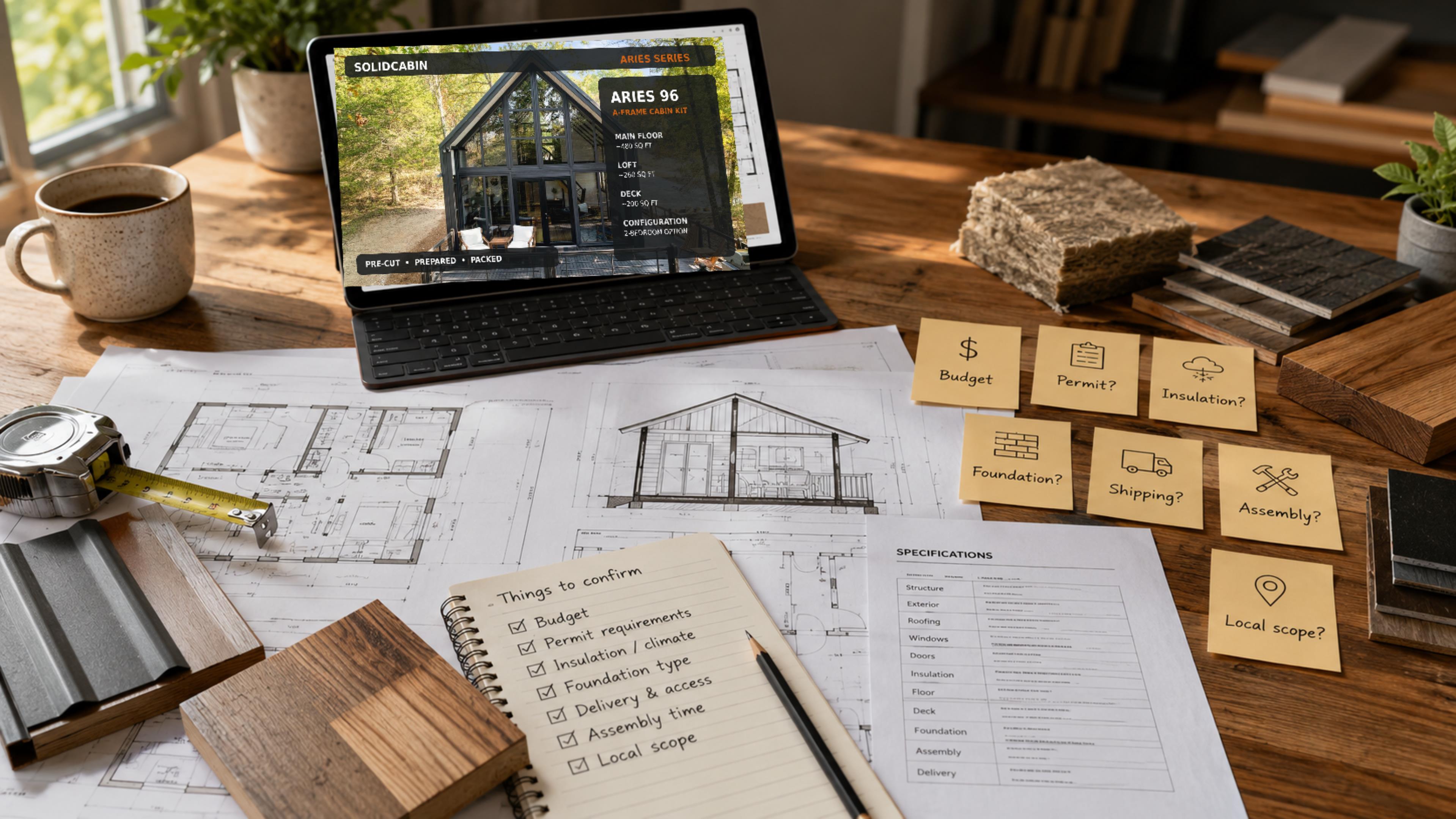 Buyer reviewing the SolidCabin Aries 96 cabin kit, floor plans, specifications and material options