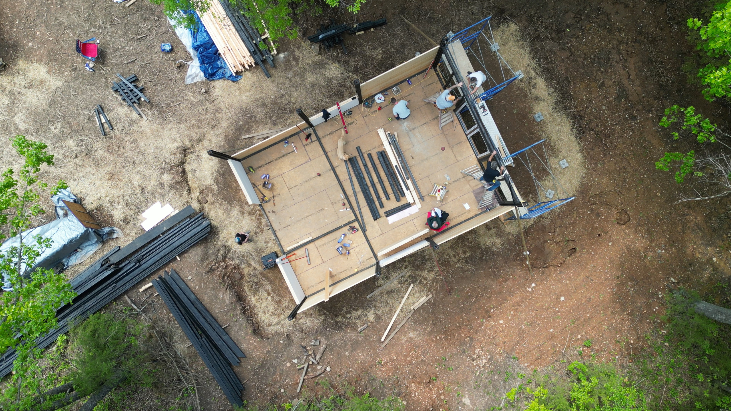 Aerial view of ground-floor wall assembly for the Arkansas Aries 96 cabin.