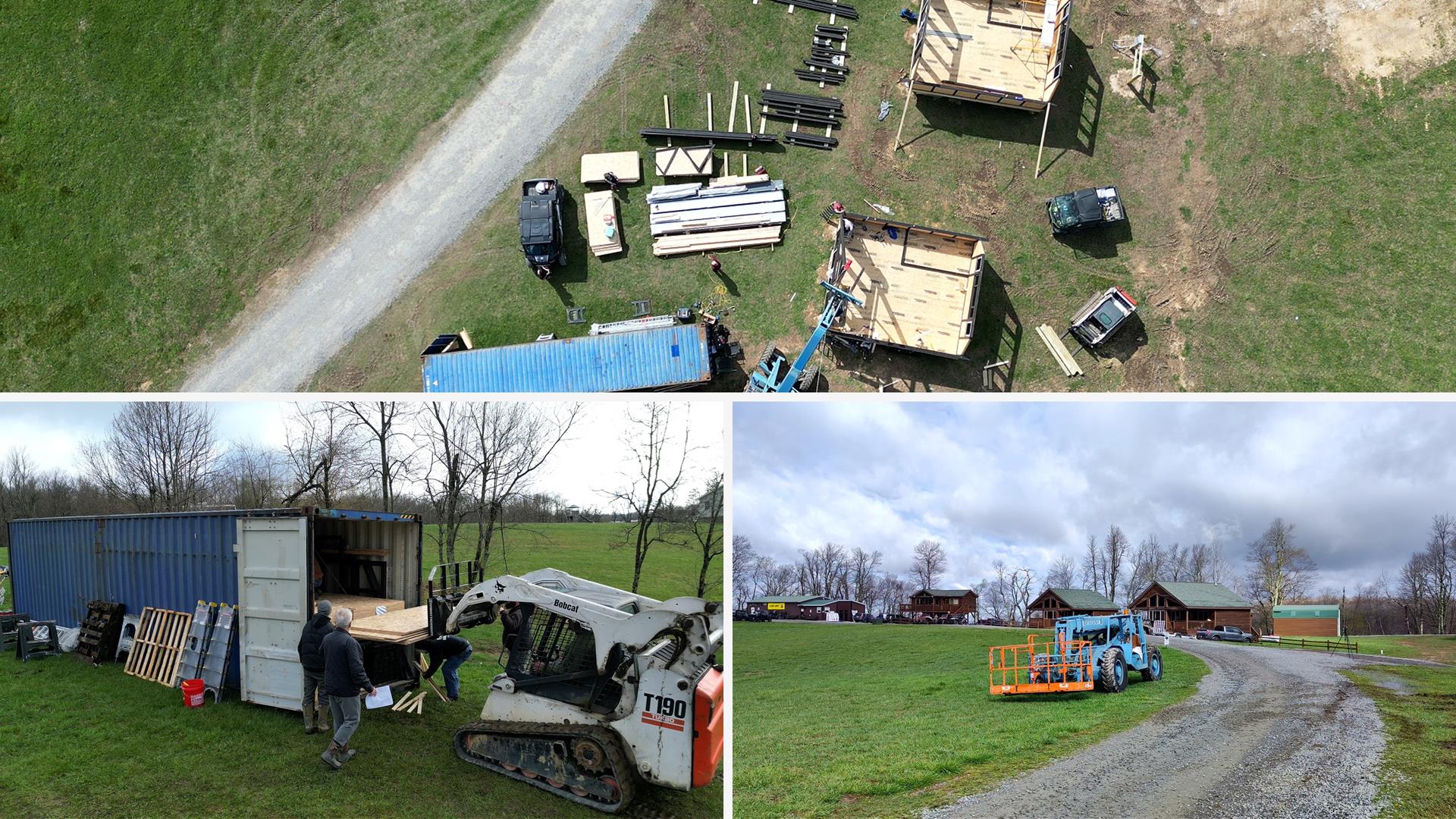Owner-led crew assembling Stella 70 A-frame cabin kits with site equipment in West Virginia