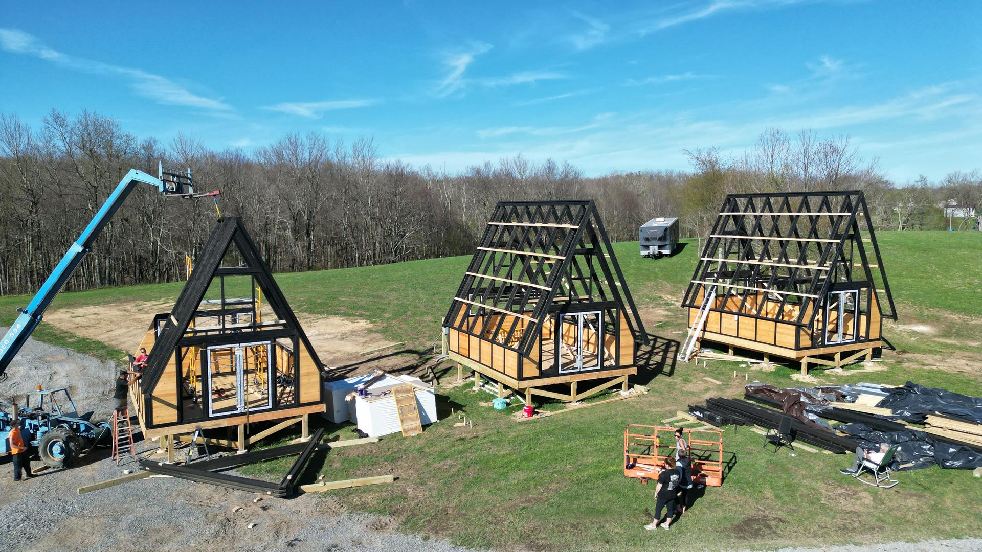 West Virginia A-frame cabin kit project site prepared for three Stella 70 rental cabins from earlşy stages of built