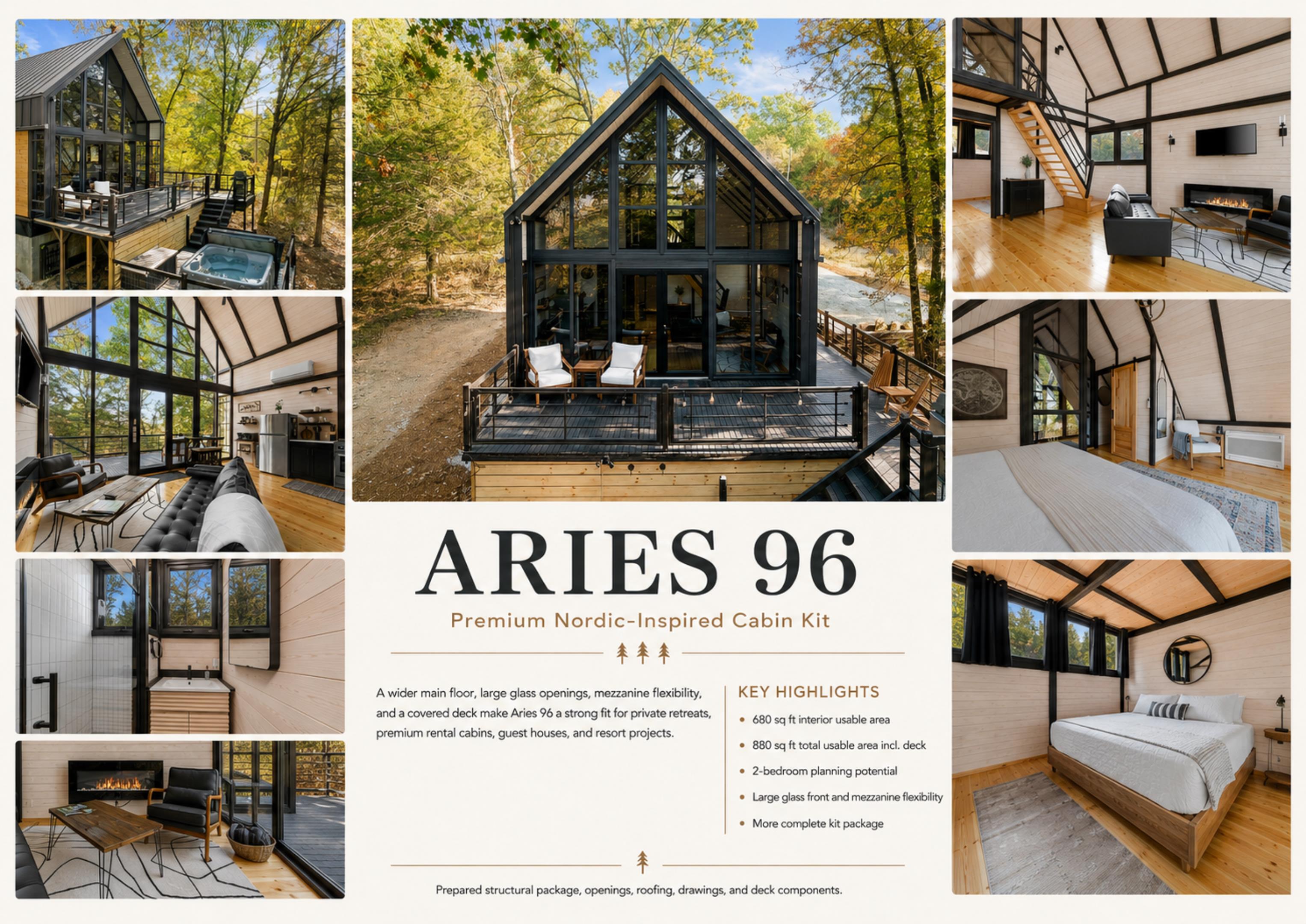 Brochure-style collage showing the Aries 96 modern A-frame cabin design shaped by the Arkansas build, with exterior form, glass facade, loft, stair, and finished interior details.