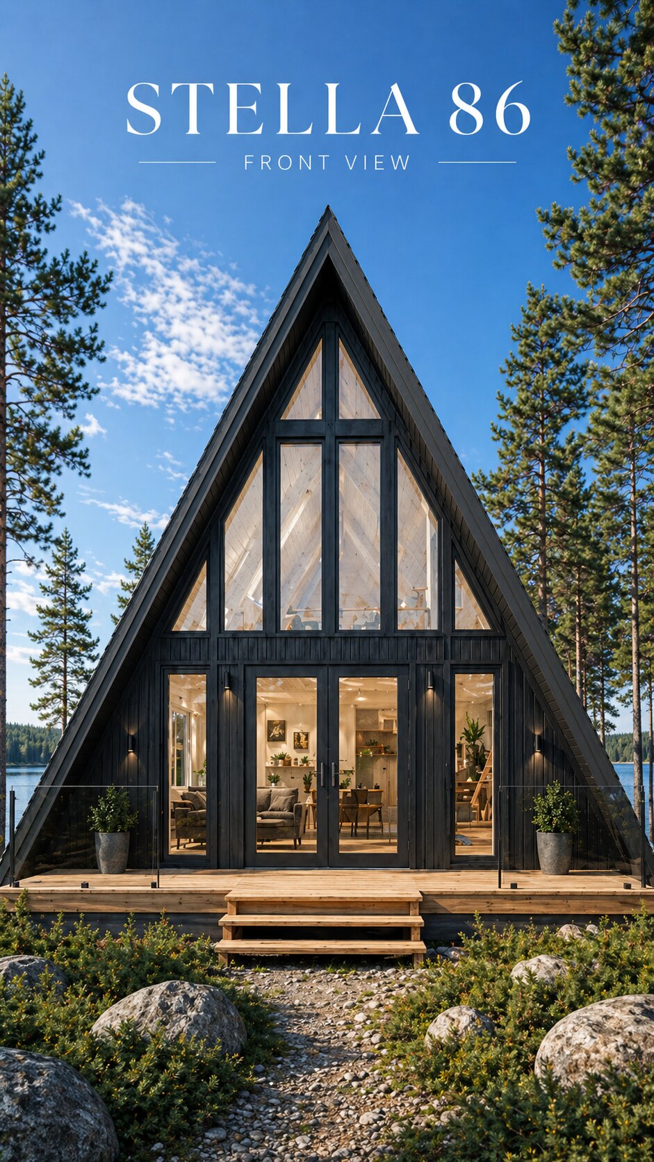 Stella 86 modern A-frame cabin front elevation pre-production rendering.