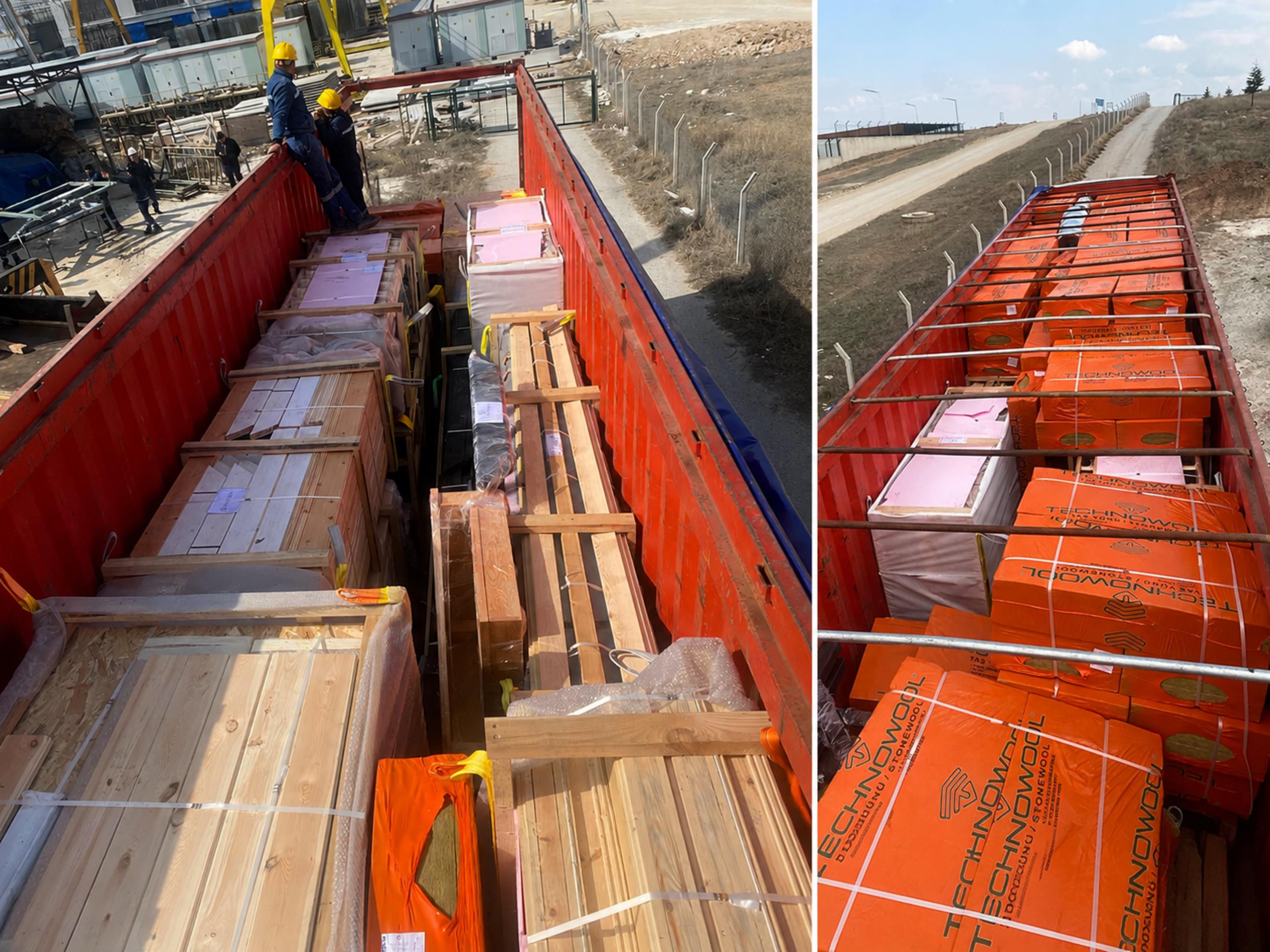 Collage showing stone wool insulation loaded into remaining container space alongside Aries 96 modern A-frame cabin kit components before shipment to Arkansas.