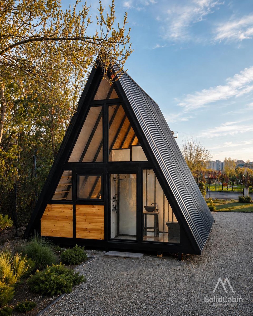 Stella 53 with dark metal roofing and a glazed front in a wooded setting.