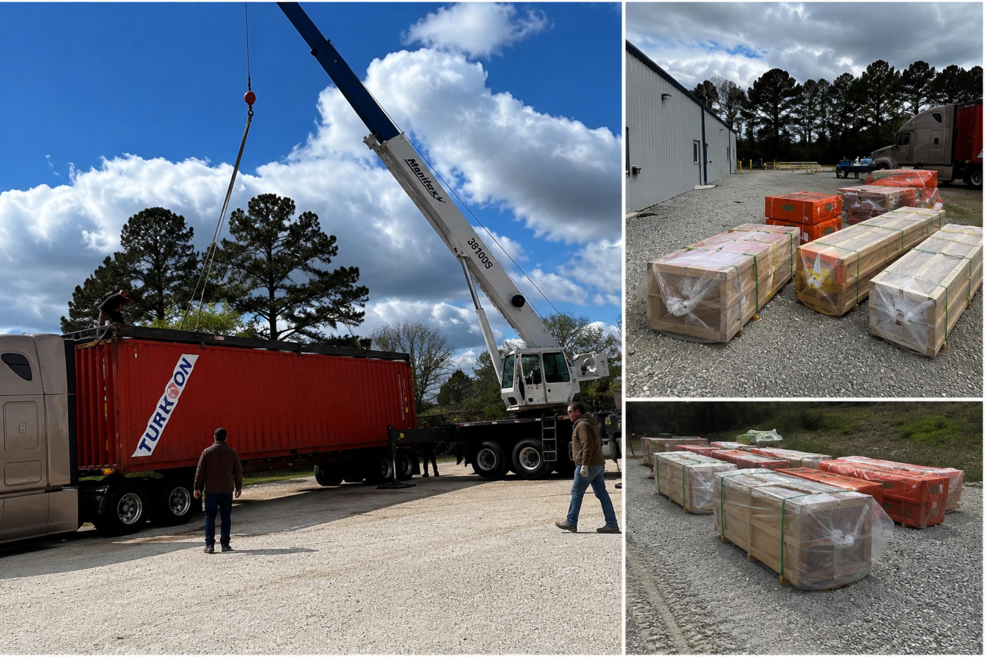 Collage showing container delivery, crane unloading, and transloading of Aries 96 modern A-frame cabin kit packages before transport to the Arkansas site.