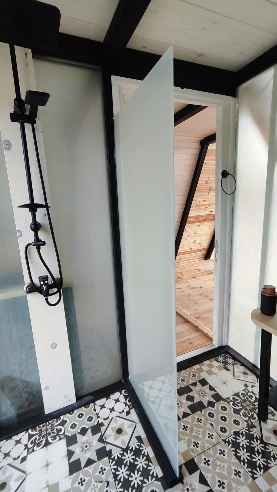 Compact shower arrangement in the development unit. Prototype finishes are shown.