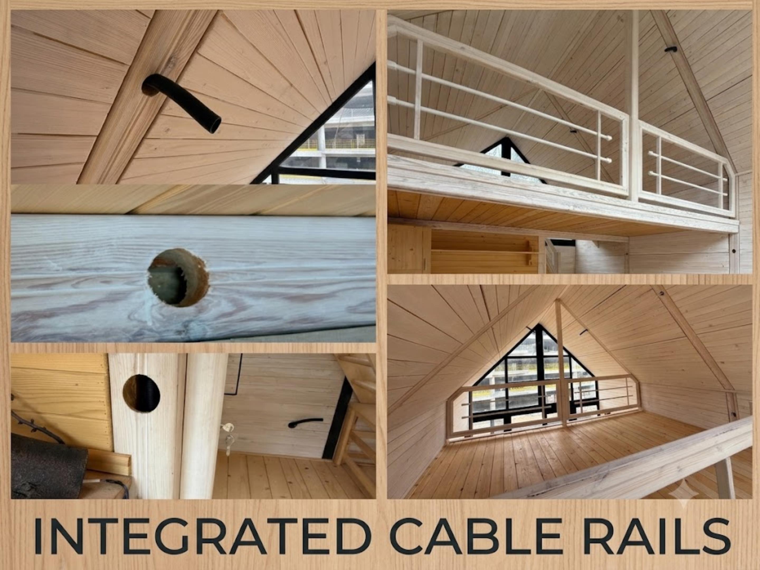 Integrated cable railing system details in the loft area of a Solid Cabin Aries Cista cabin kit