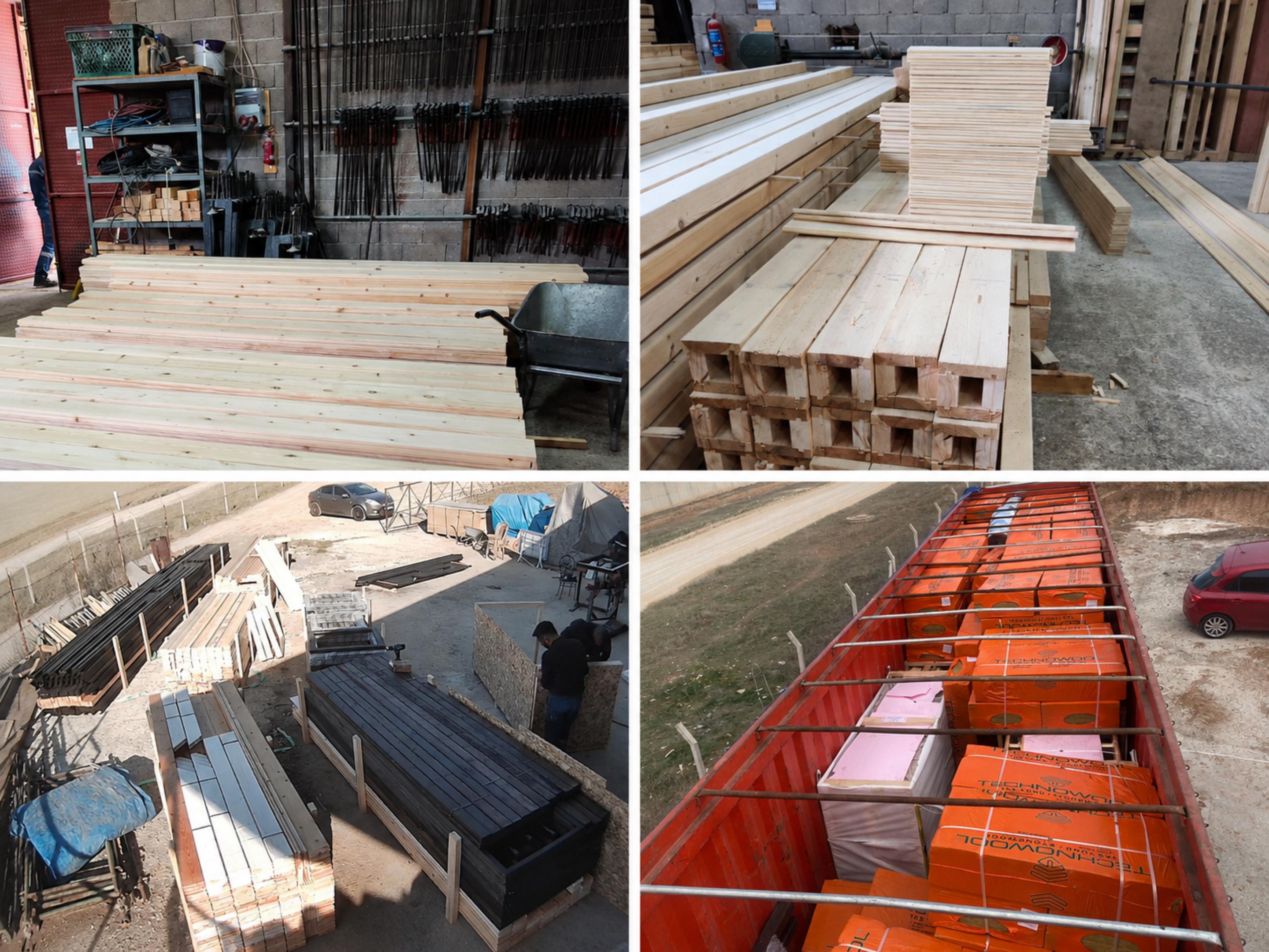 Collage showing Aries 96 modern A-frame cabin kit components during workshop preparation, packing, and container loading before shipment to Arkansas.