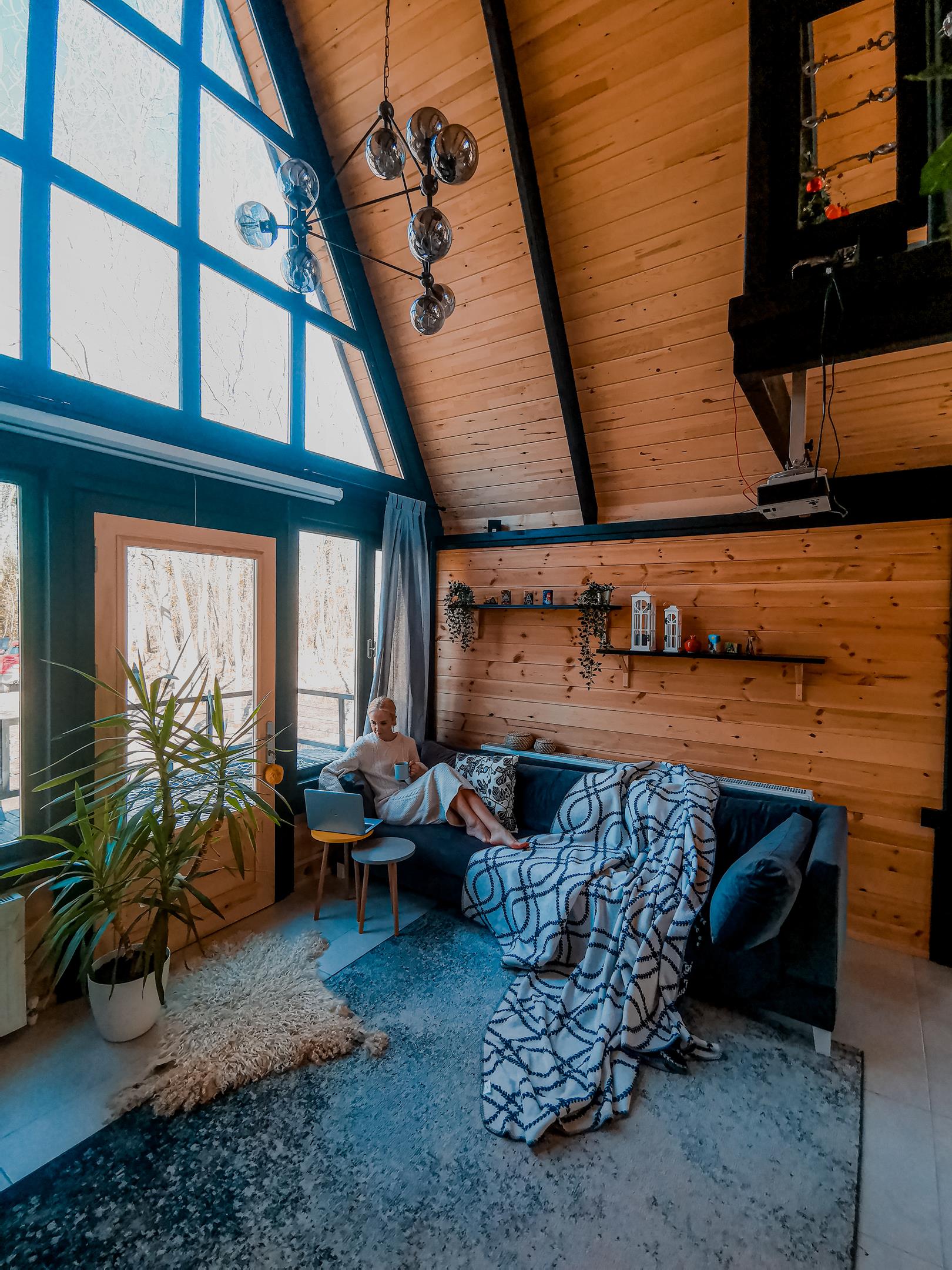 Large glazed A-frame cabin interior designed for condensation and moisture control