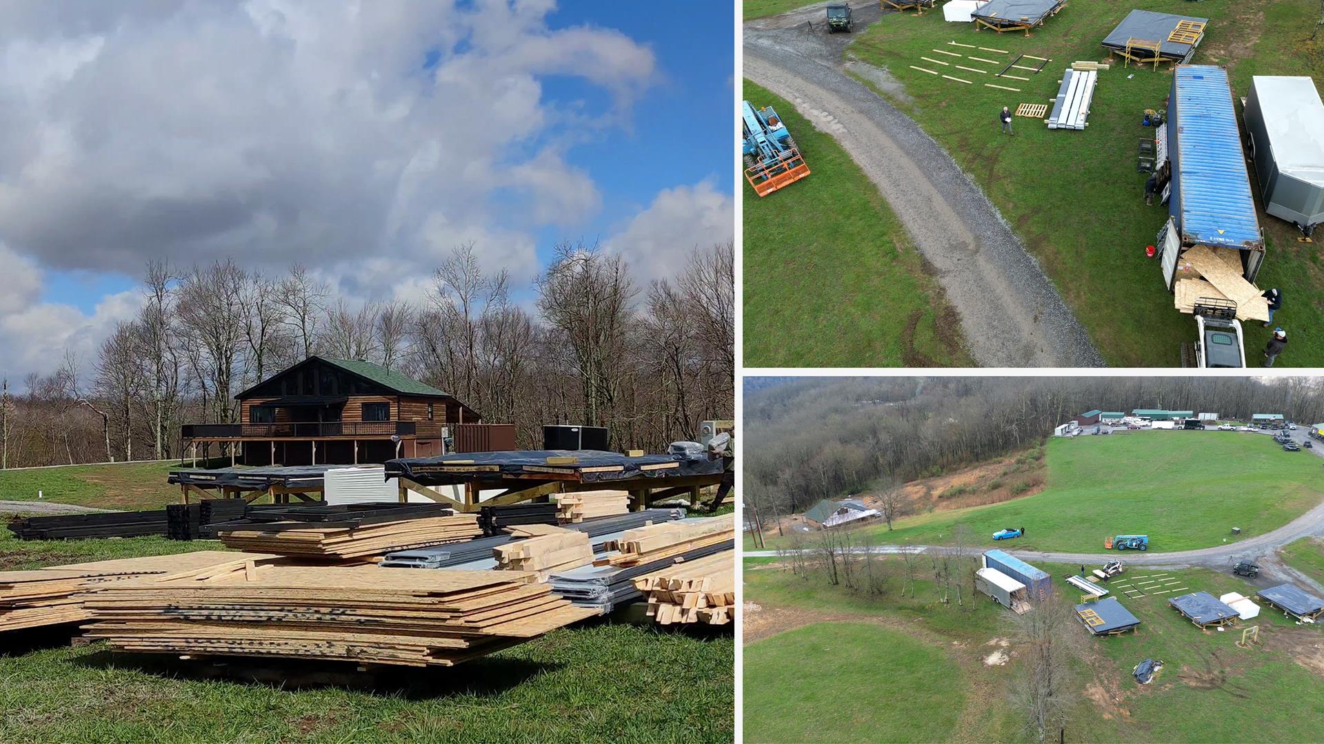 SOC container used as on-site storage during A-frame cabin kit assembly in West Virginia and layout  of kit metarials at assembly zone