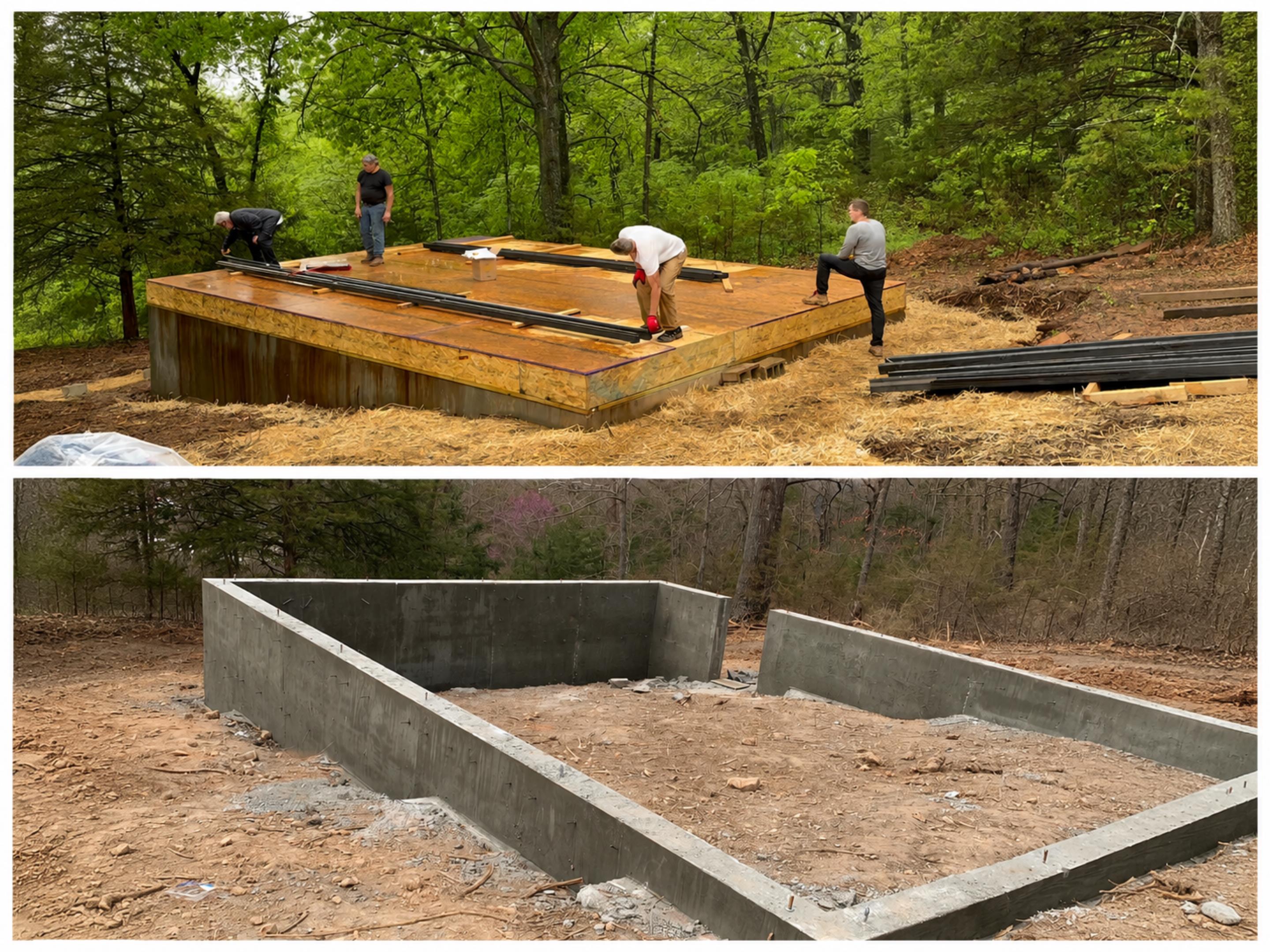Floor platform, crawl space, and concrete foundation conditions for the Aries 96 modern A-frame cabin build on a sloped Arkansas Ozarks site.