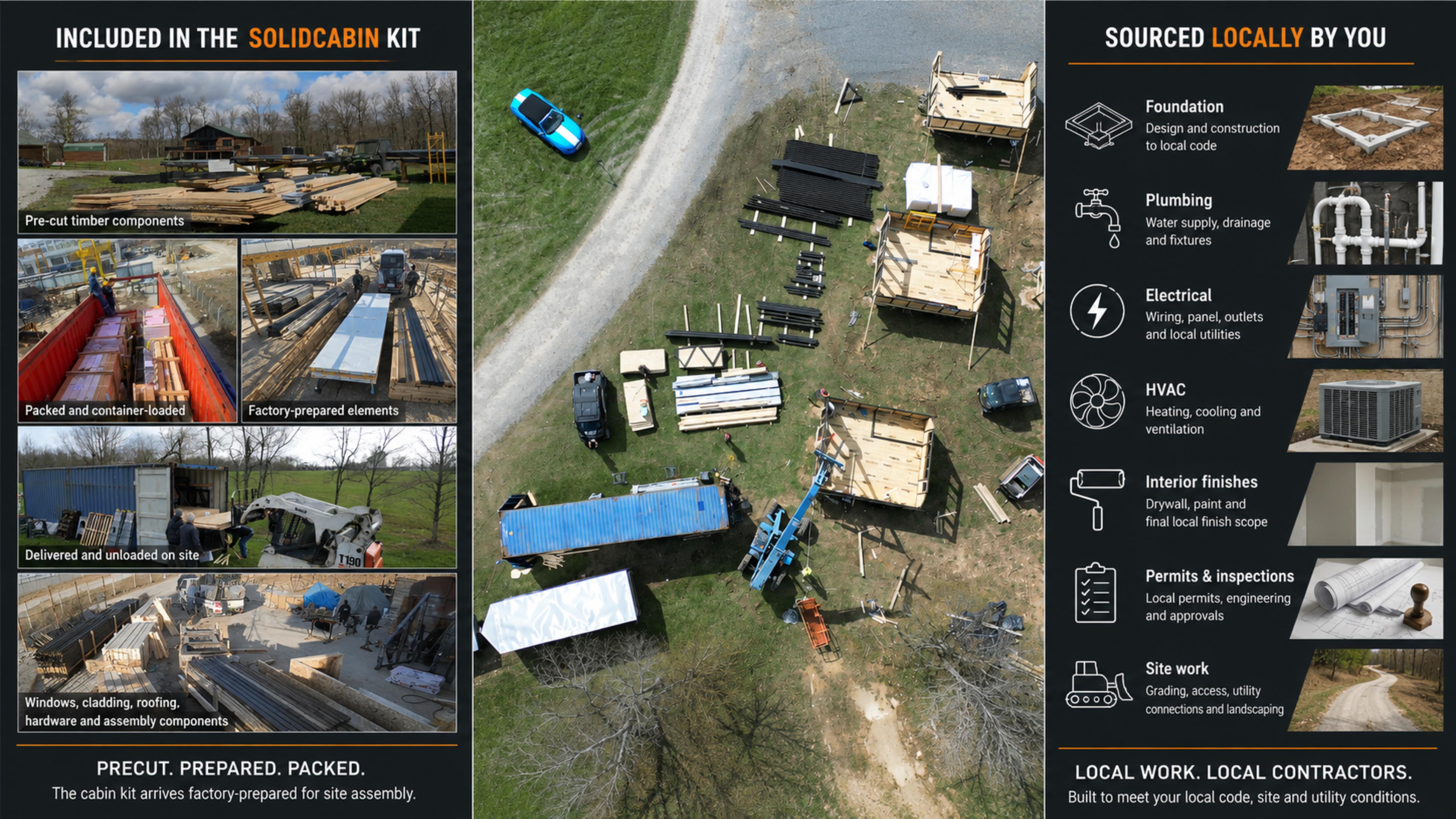 SolidCabin kit components compared with foundation, utilities, permits and other locally sourced work