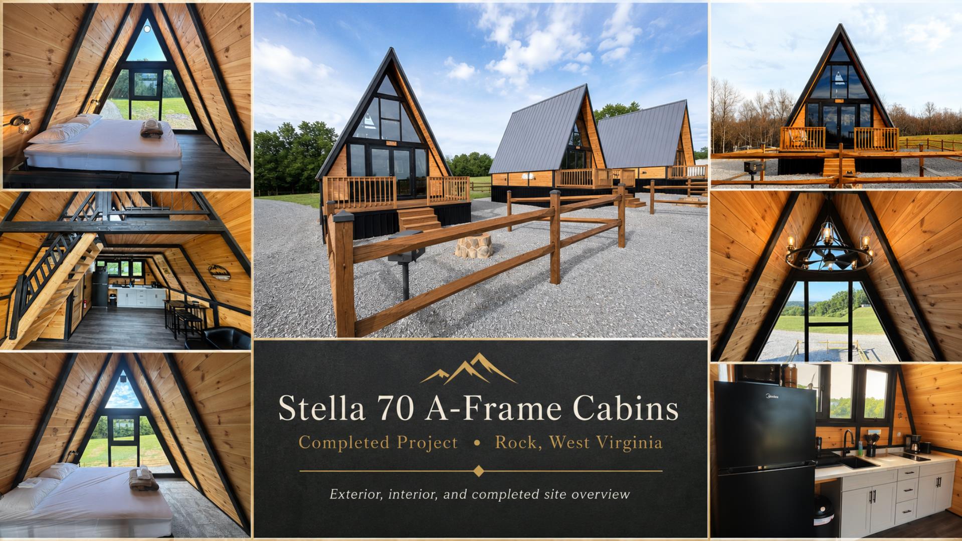 Completed Stella 70 A-frame rental cabins brochure in Rock, West Virginia showing finished details