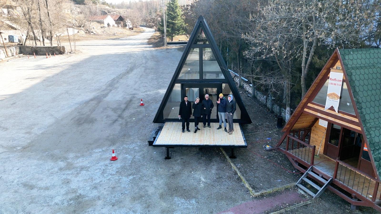 Stella 53 A-frame cabin kit demonstration build in Türkiye before the Montana shipment