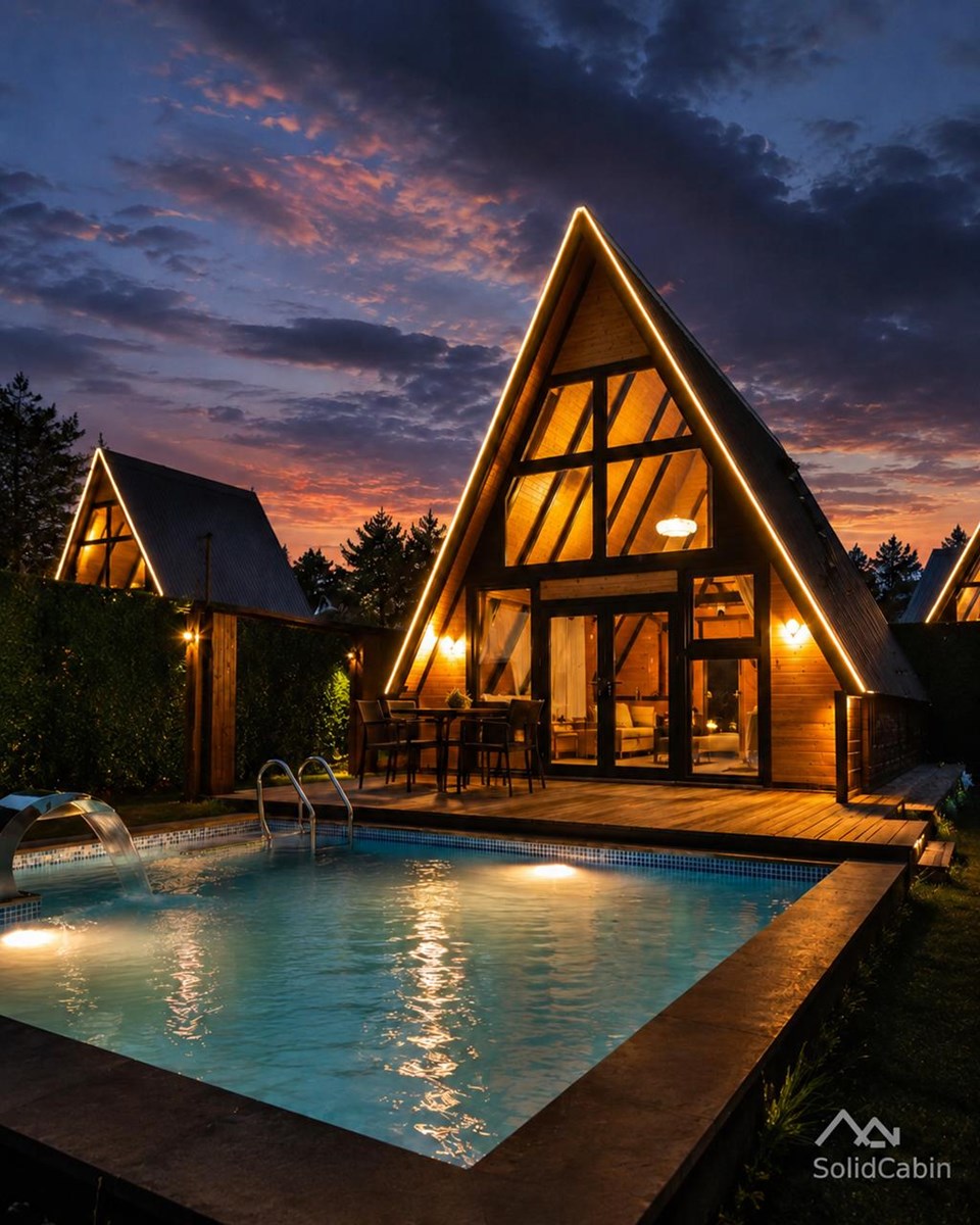 An earlier completed project with illuminated glazing and a private pool. Pool and landscaping are site work.
