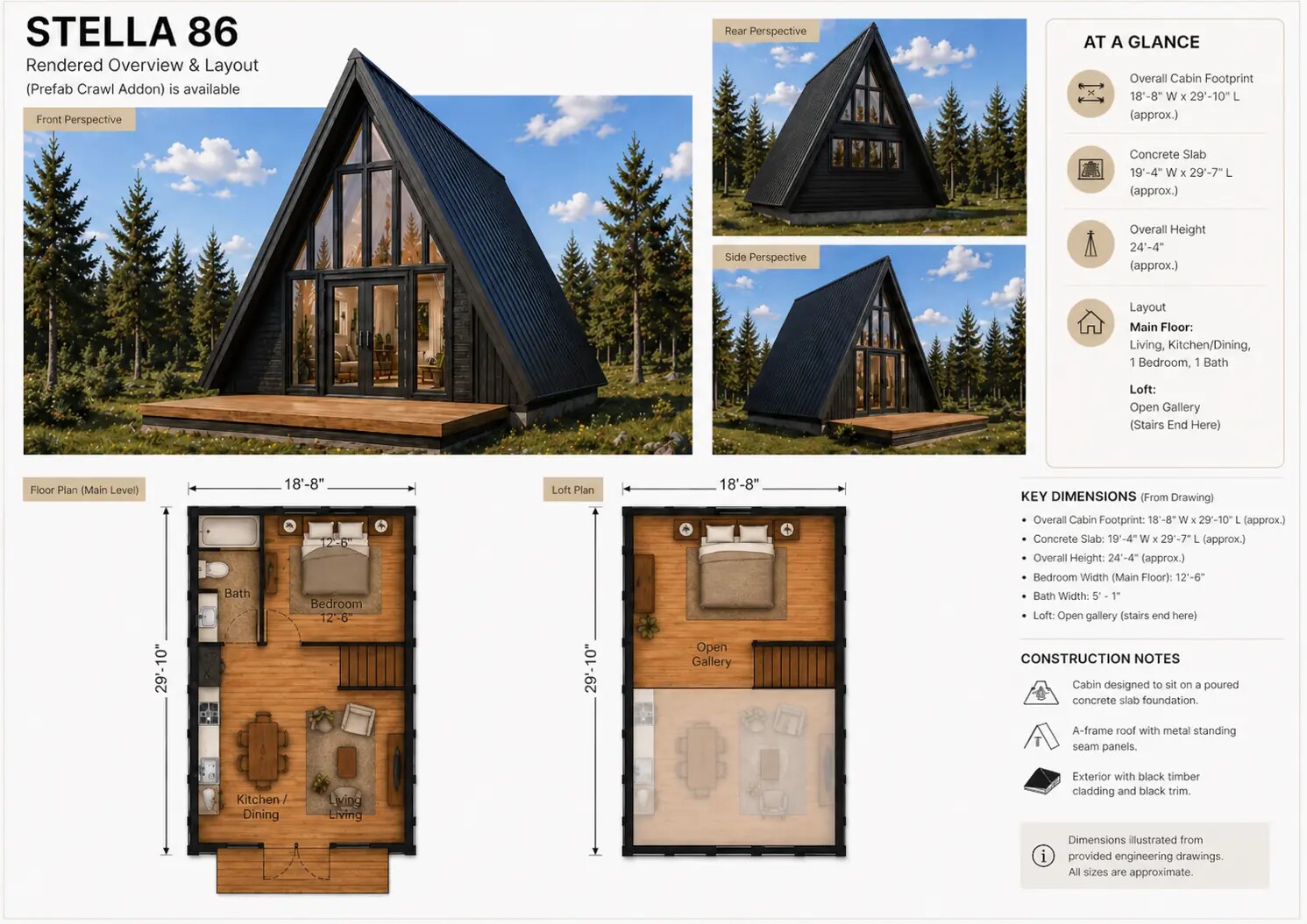 Stella 86 main-floor and loft plans with approximate imperial dimensions.