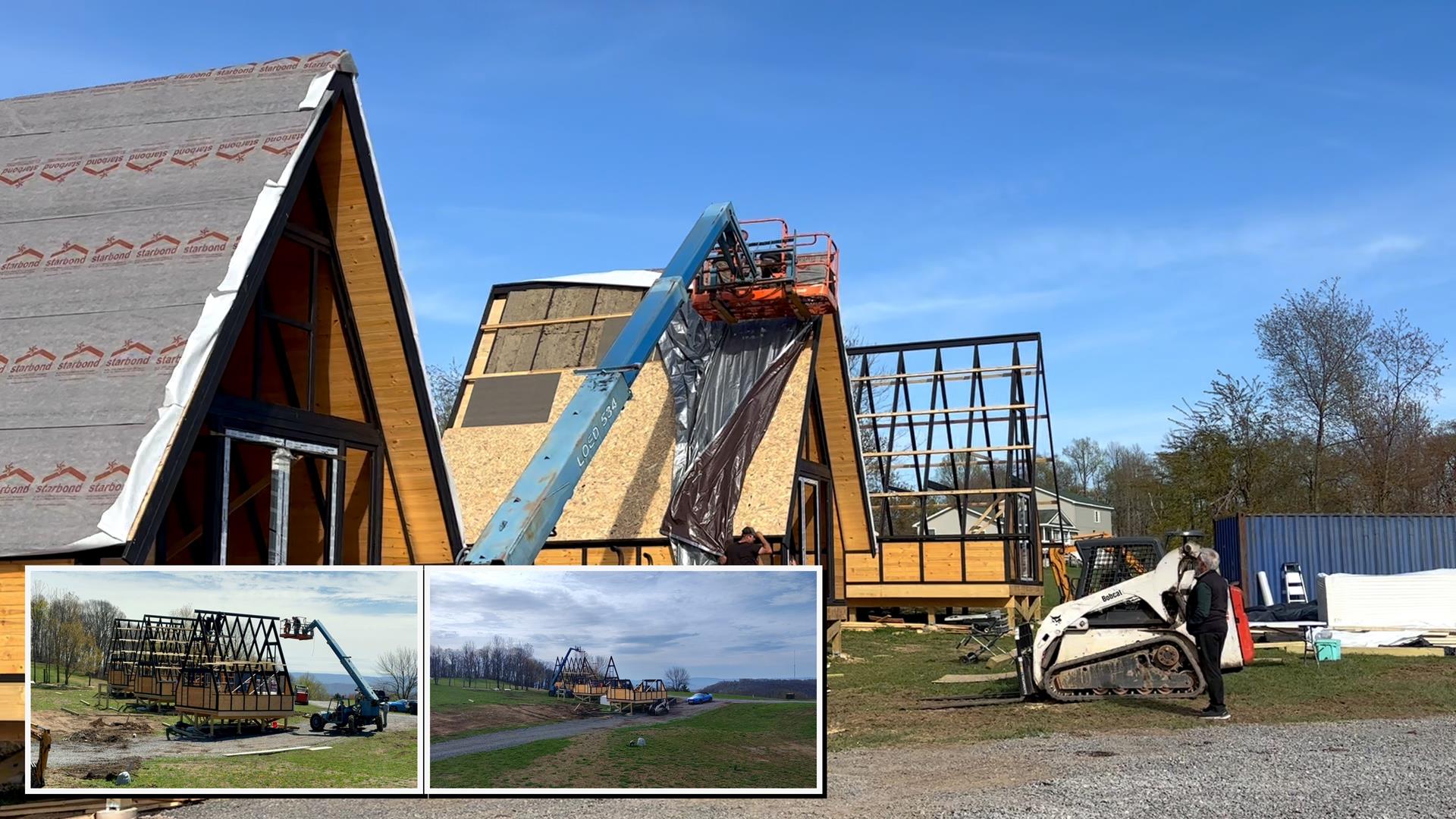 Real site conditions during Stella 70 A-frame cabin kit assembly in West Virginia shows kit builded in rainy and windy weather.