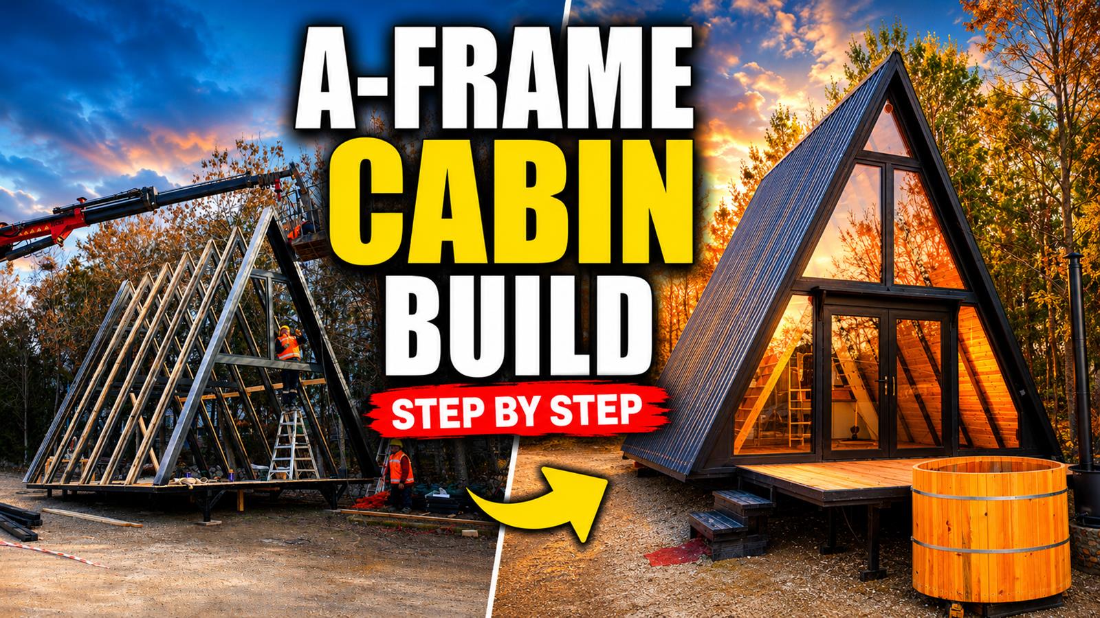 YouTube video thumbnail showing the Stella 53 A-frame cabin kit assembly process