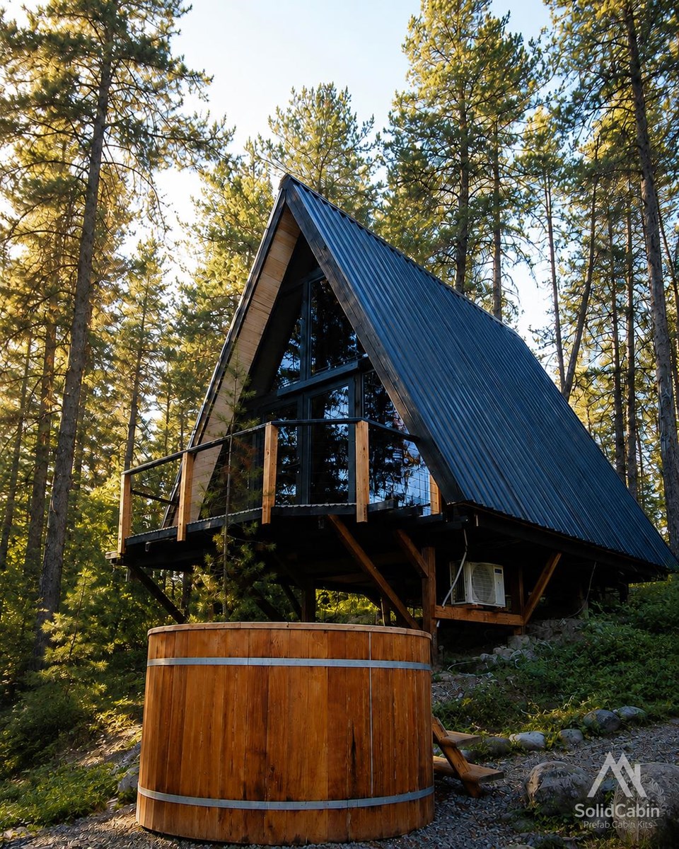 Completed cabin and outdoor hot tub at the Montana project.