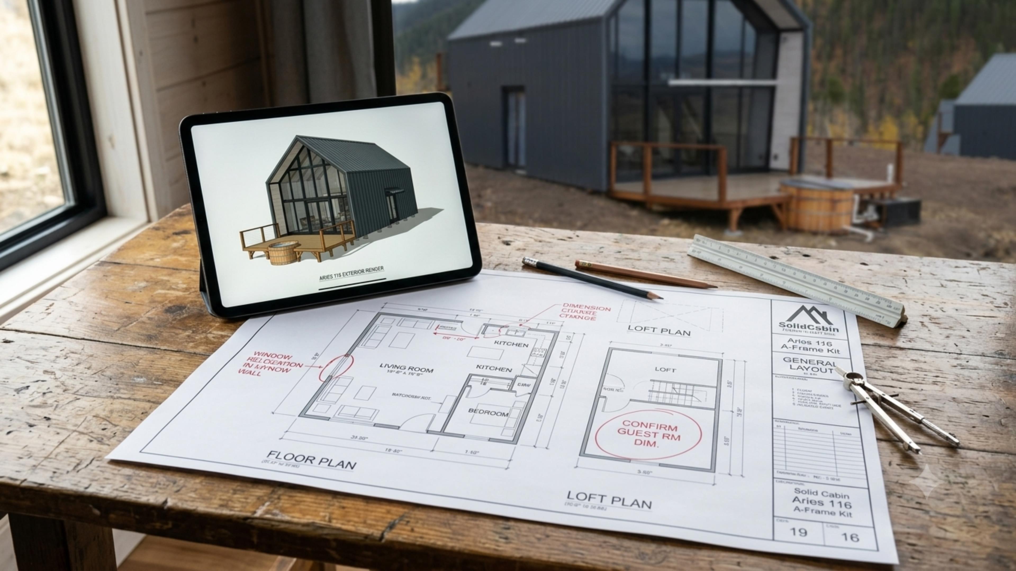 A photograph of a desk with a Solid Cabin Aries 116 A-Frame cabin kit floor plan, which has handwritten red pen changes, next to a tablet showing an exterior render of the cabin, with a finished Aries 116 cabin in the blurred background.