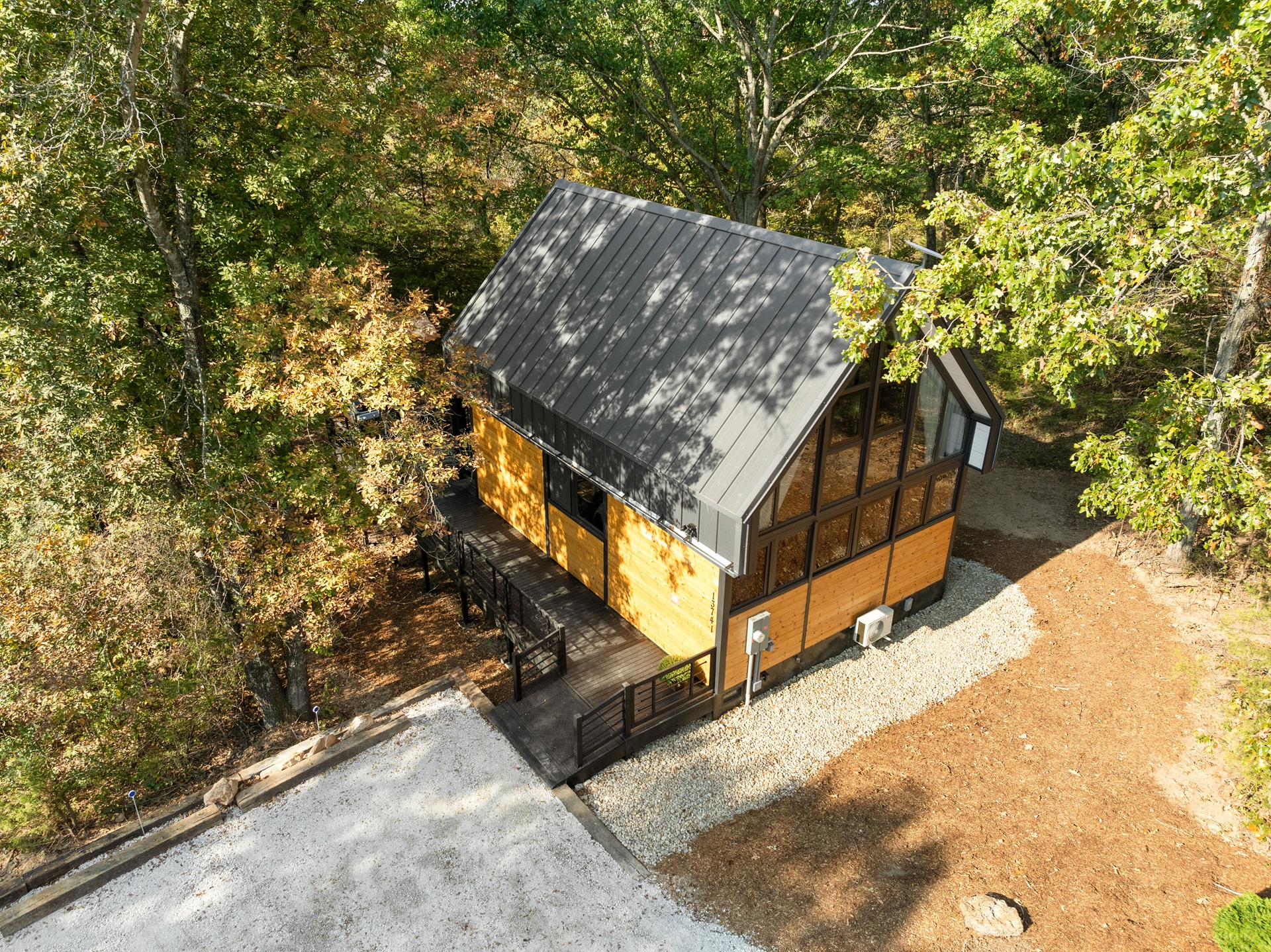 Aerial rear and side view of the completed Aries 96 cabin in Omaha, Arkansas.