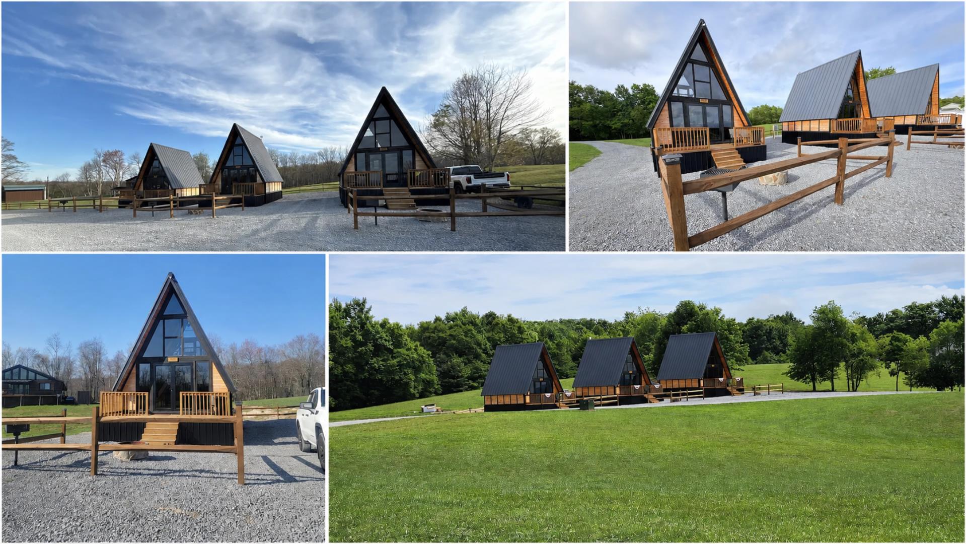 Three Stella 70 A-frame cabin kits prepared for short-term rental use in West Virginia