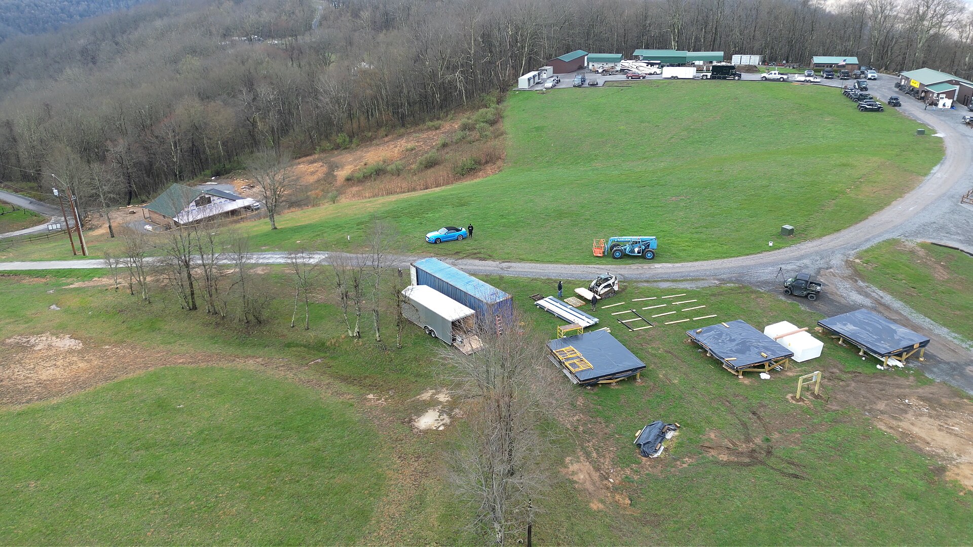 Aerial view of the WV ATV Resort site before framing with Stella 70 cabin kit materials delivered