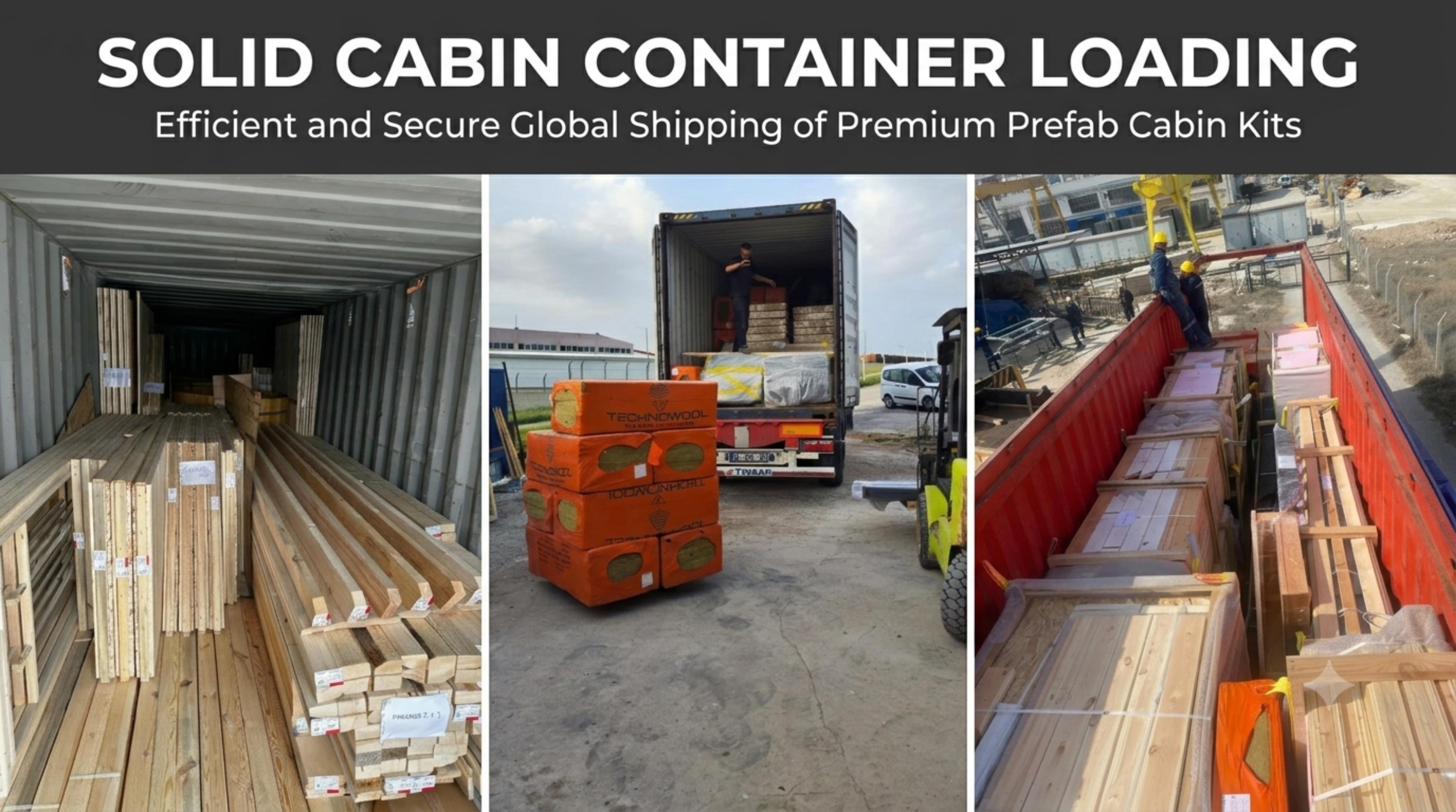 Secure container loading process for Solid Cabin prefab kits, showing neatly stacked timber panels, stonewool insulation being loaded by a forklift, and heavy wooden crates secured in an open-top shipping container for worldwide logistics