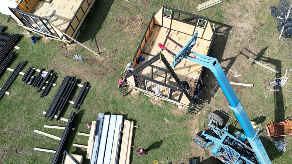 The first main A-frame section was lifted into position with site equipment. West Virginia / Earlier configuration.