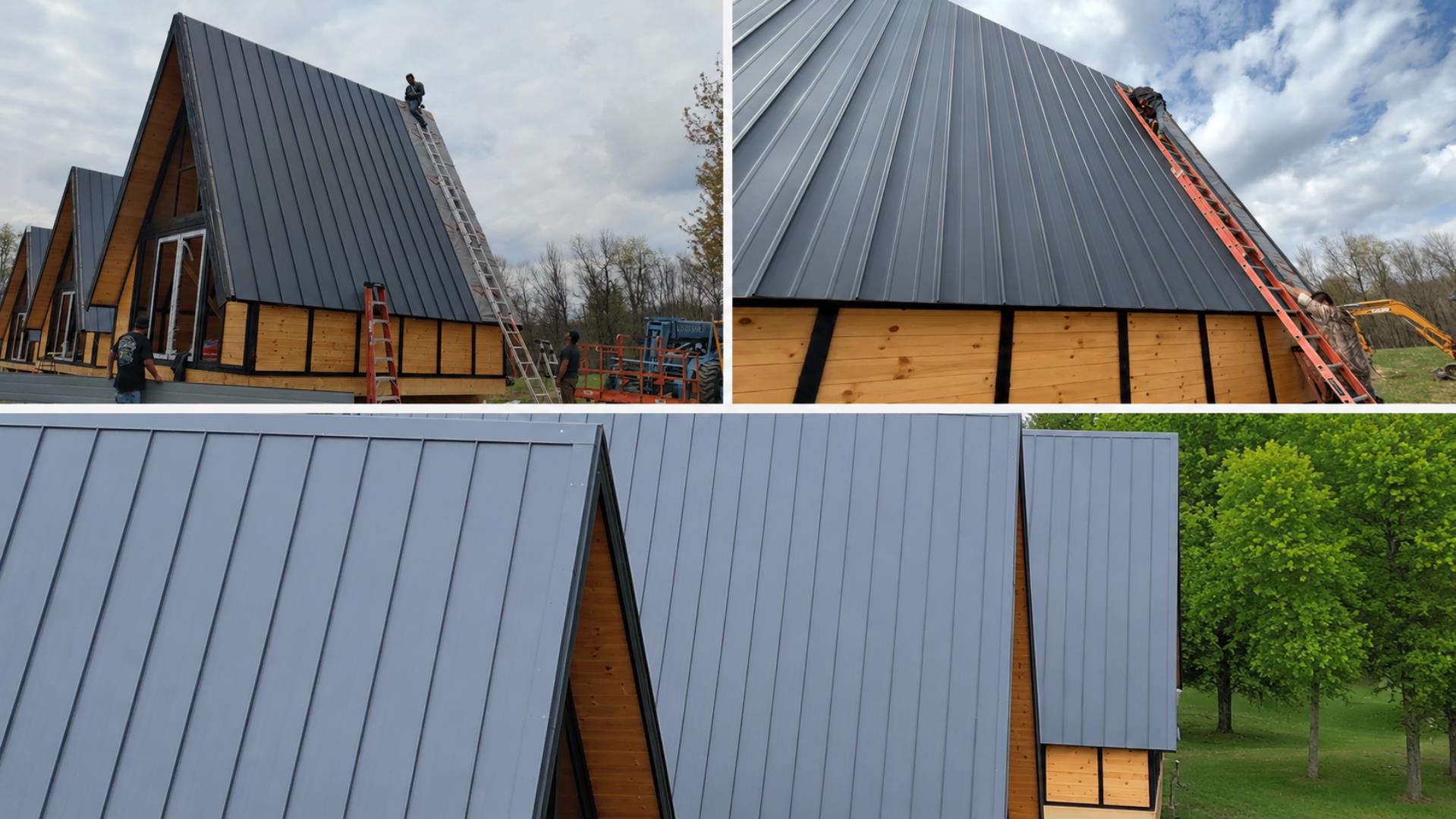 Smart standing seam metal roof system installed on Stella 70 A-frame cabins in West Virginia