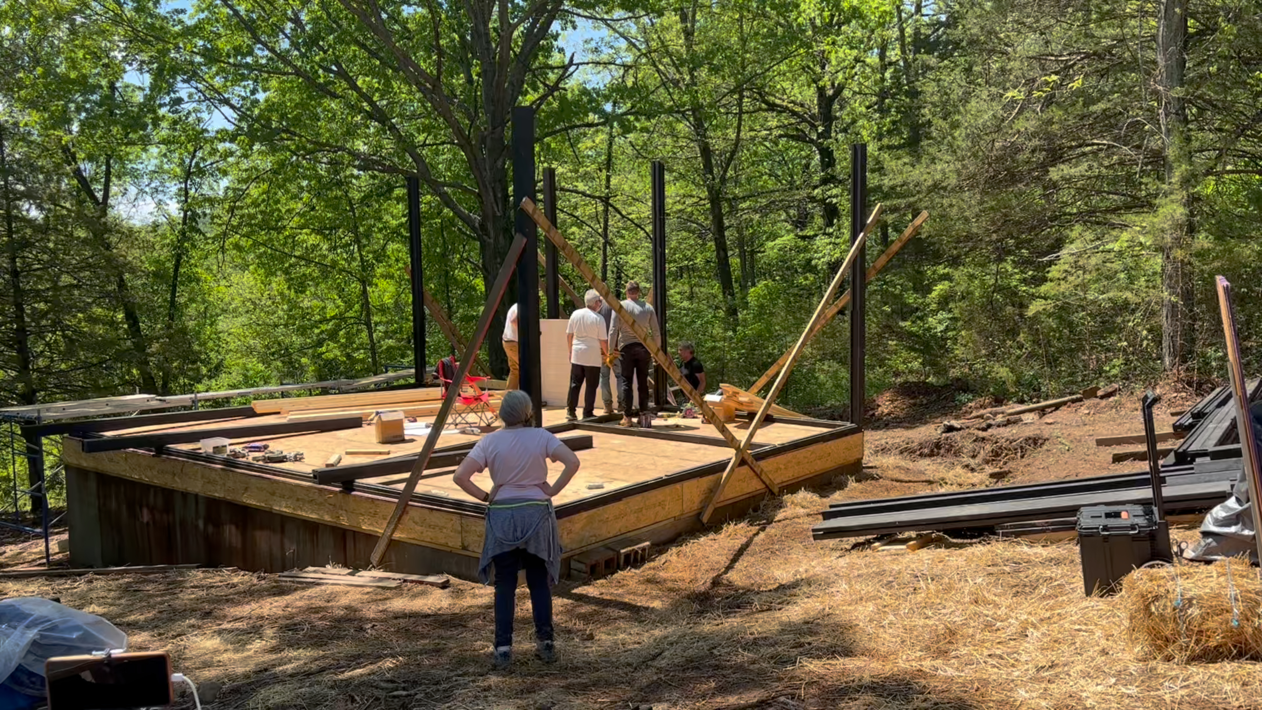 Post-and-beam frame at the start of the Arkansas Aries 96 cabin assembly.