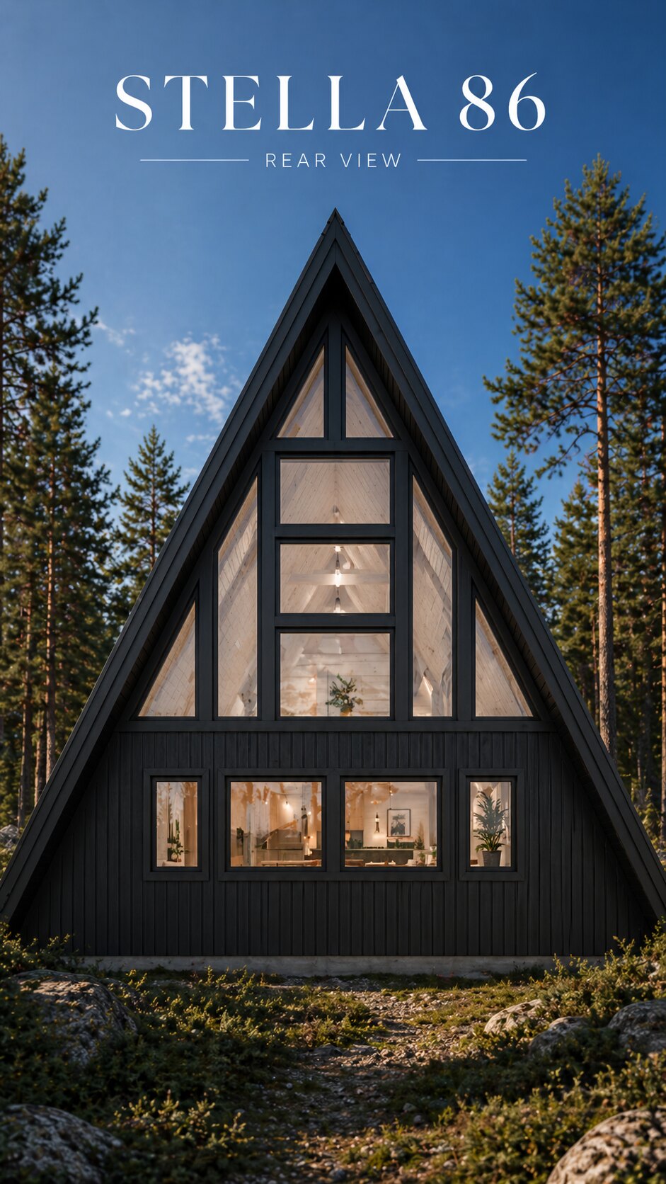 Stella 86 modern A-frame cabin rear elevation pre-production rendering.