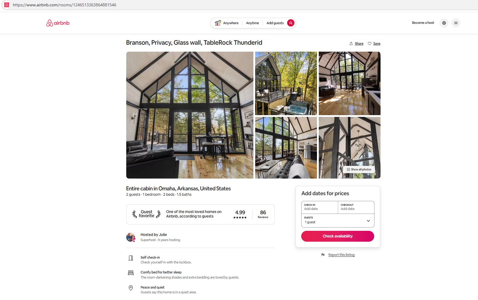 A screenshot showing airbnb rental page of Aries 96 Modern A-frame cabin at Arkansas