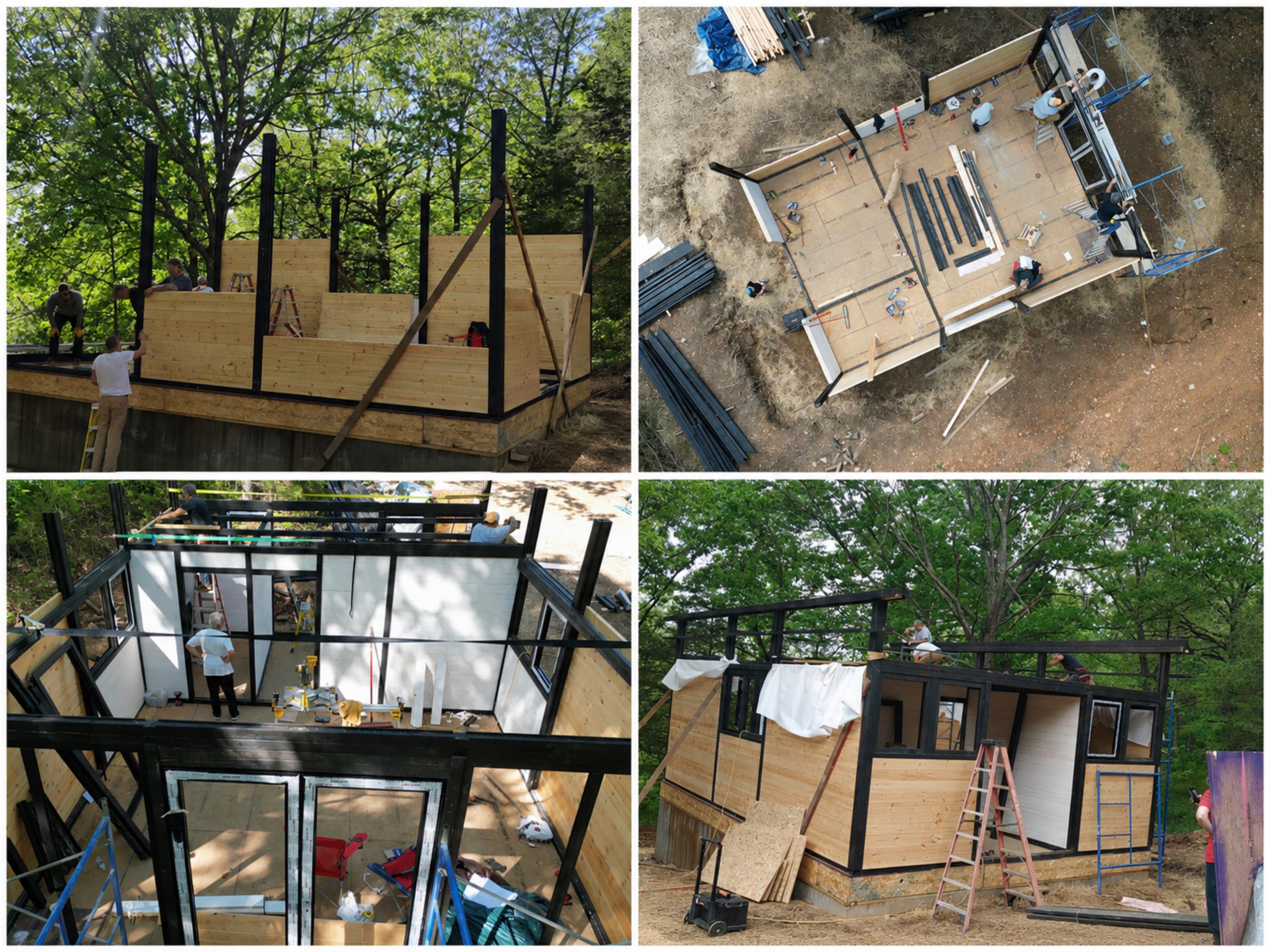 Collage showing early assembly progress of the Aries 96 modern A-frame cabin in Arkansas, from floor platform and wall panels to the main frame structure.
