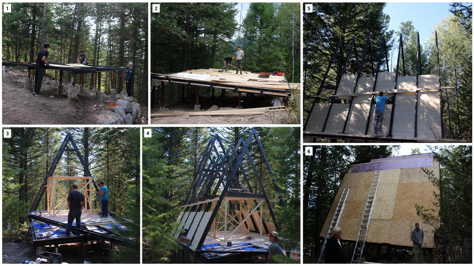 Assembly progress of the Stella 53 A-frame cabin kit under Montana site conditions