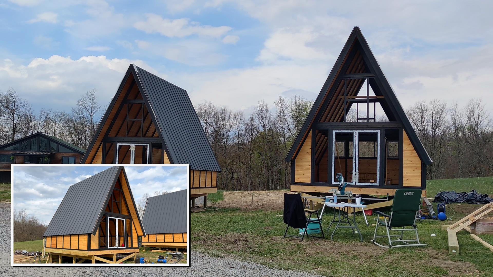 Three Stella 70 A-frame cabin kits assembled to core-shell stage in 15 working days