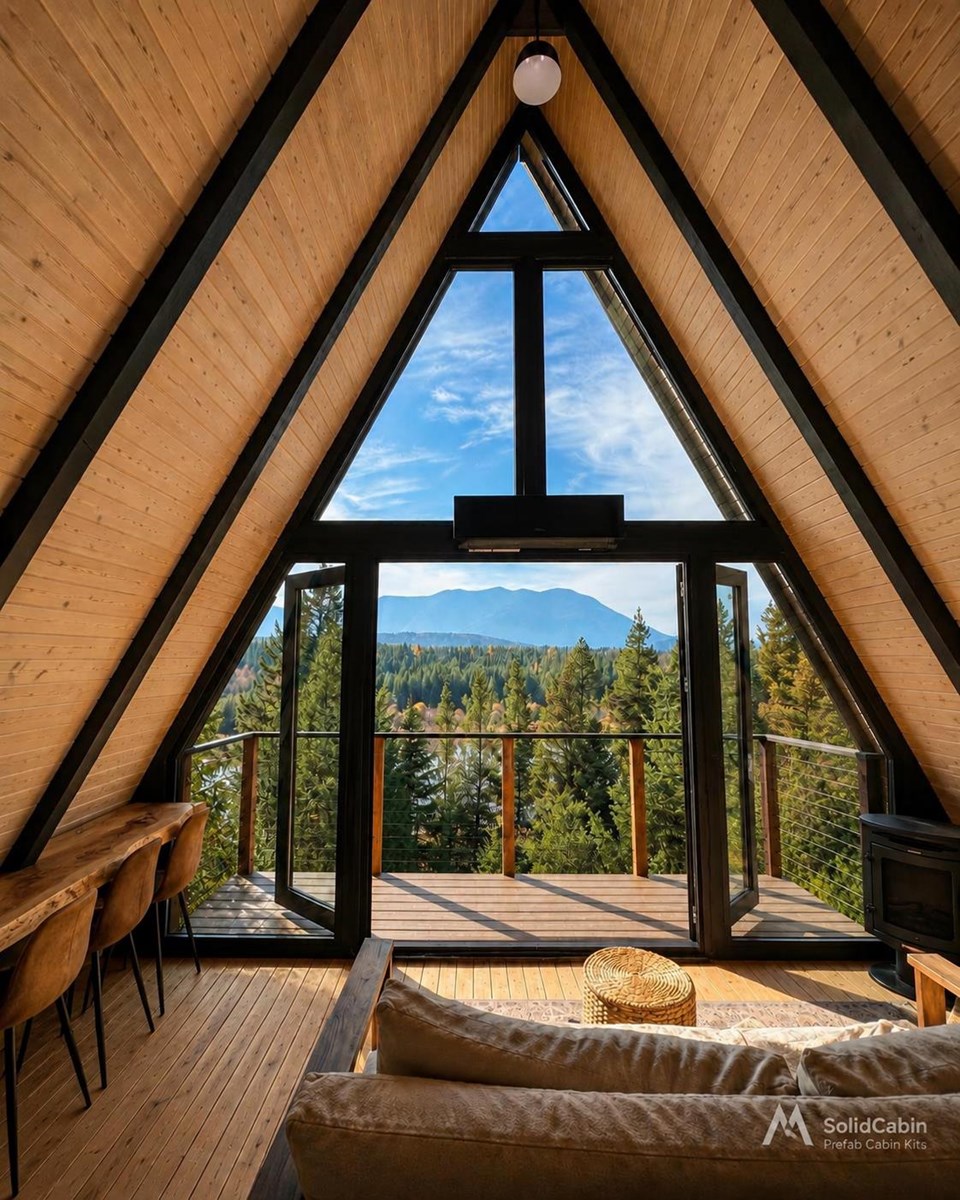 Sleeping area and triangular glazing in a completed cabin.